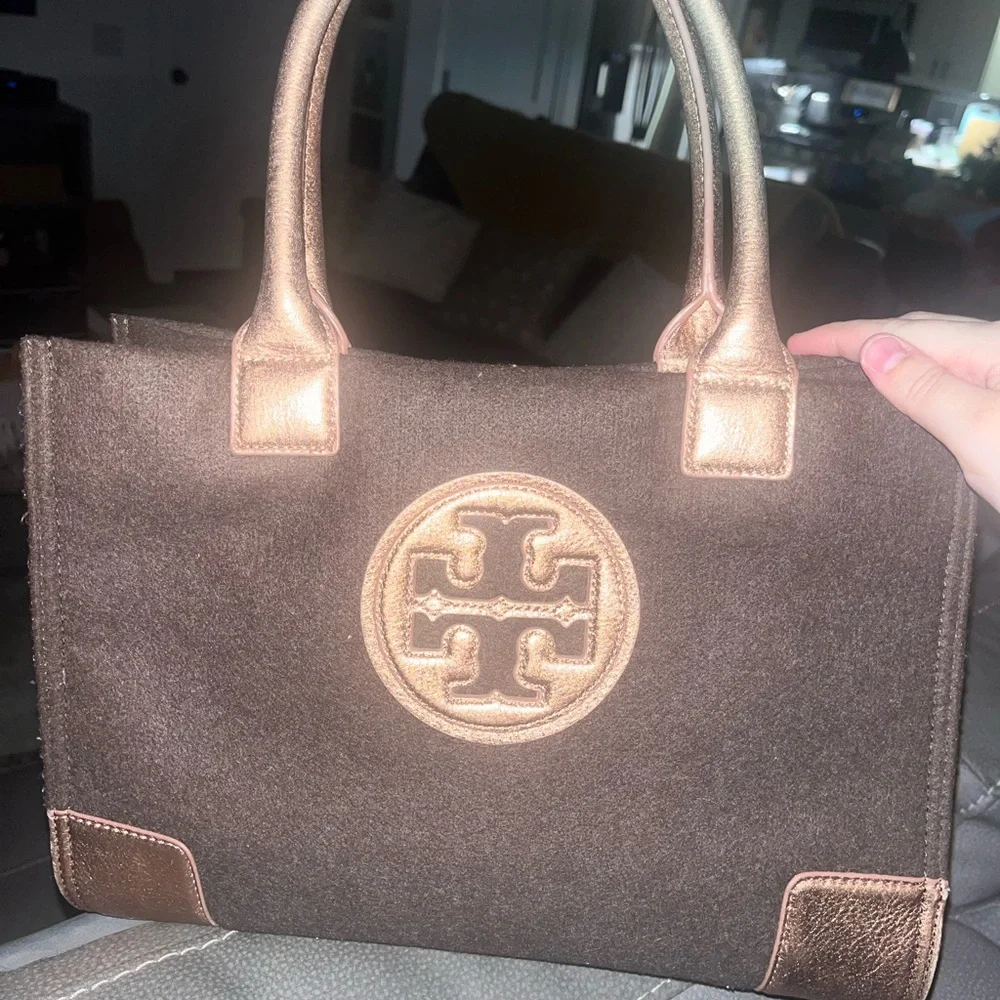 Tory Burch Brown and Gold Tote shoulder Bag signature T logo